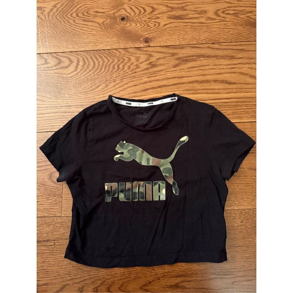 Puma Black Camo Logo Cropped T-Shirt – Size S